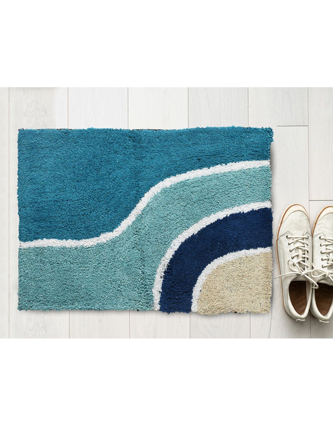AAZEEM Turquoise Blue & White Cotton Anti Skid Rectangle Doormat