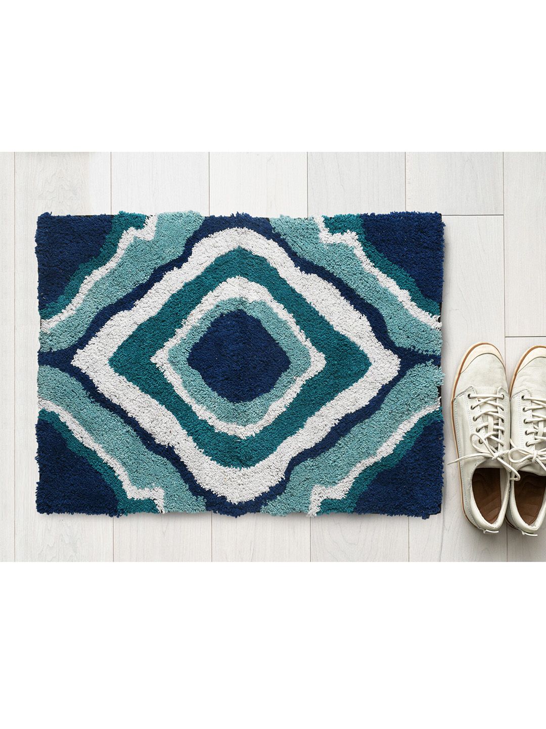 AAZEEM Blue & White Cotton Anti Skid Rectangle Doormat