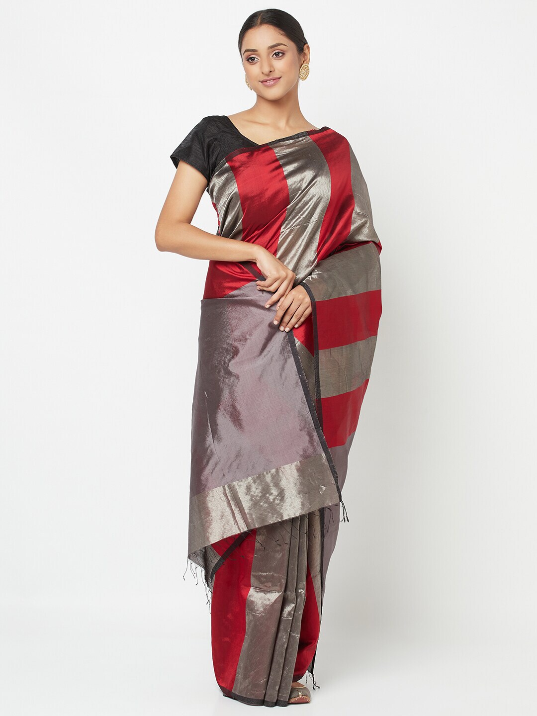 Fabindia Red & Grey Striped Maheshwari Saree Price in India