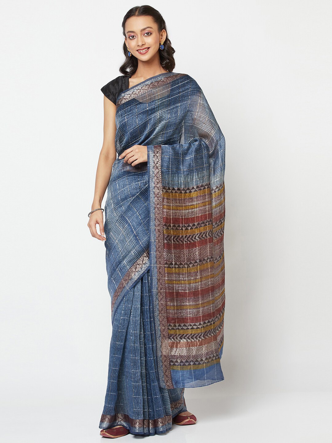Fabindia Blue & Brown Linen Blend Block Print Saree Price in India