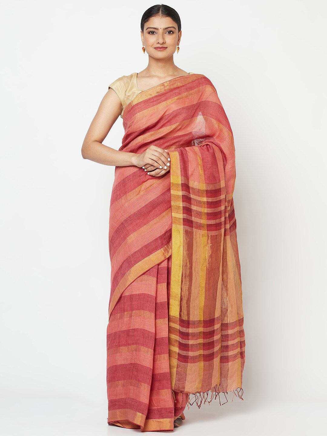 Fabindia Pink & Yellow Striped Zari Pure Linen Saree Price in India