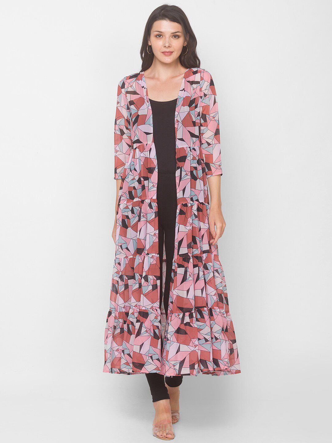 Iti Women Pink & Blue Printed Longline Shrug Price in India