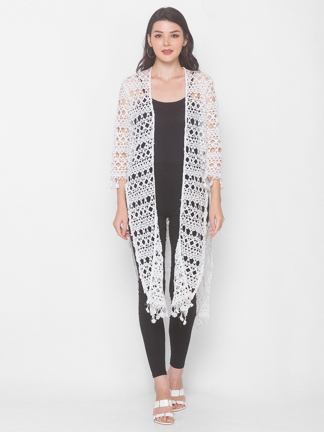 Iti Women White Tasselled Longline Shrug Price in India