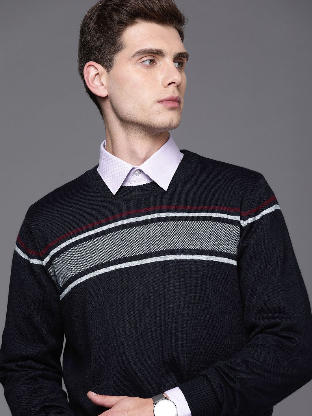 Raymond Men Navy Blue & White Striped Pullover Sweater
