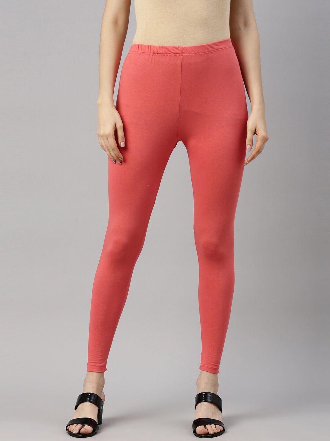 GOLDSTROMS Women Peach-Coloured Solid Cotton Ankle Length Leggings Price in India