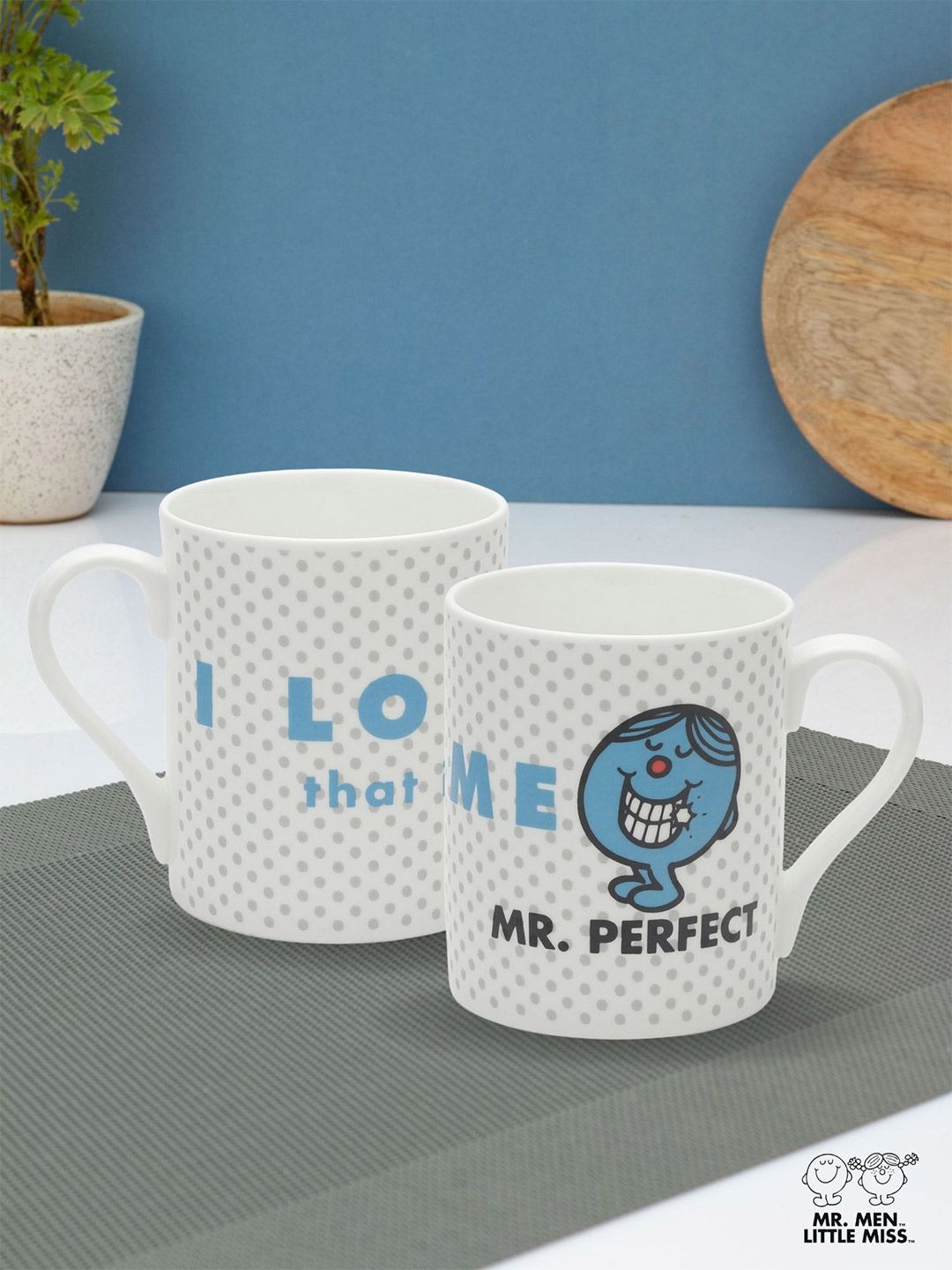 CLAY CRAFT White & Blue Mr. Perfect Printed Ceramic Glossy Set of 2 Mugs Price in India