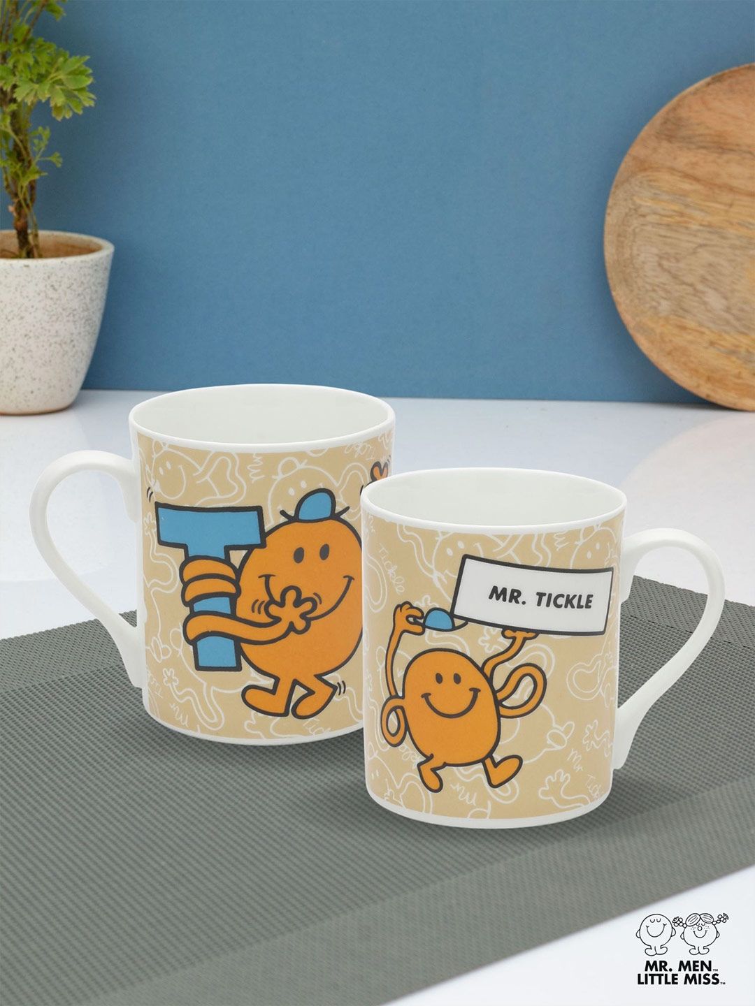 CLAY CRAFT White & Beige Mr Tickle Printed Ceramic Glossy Set of 2 Mugs Price in India