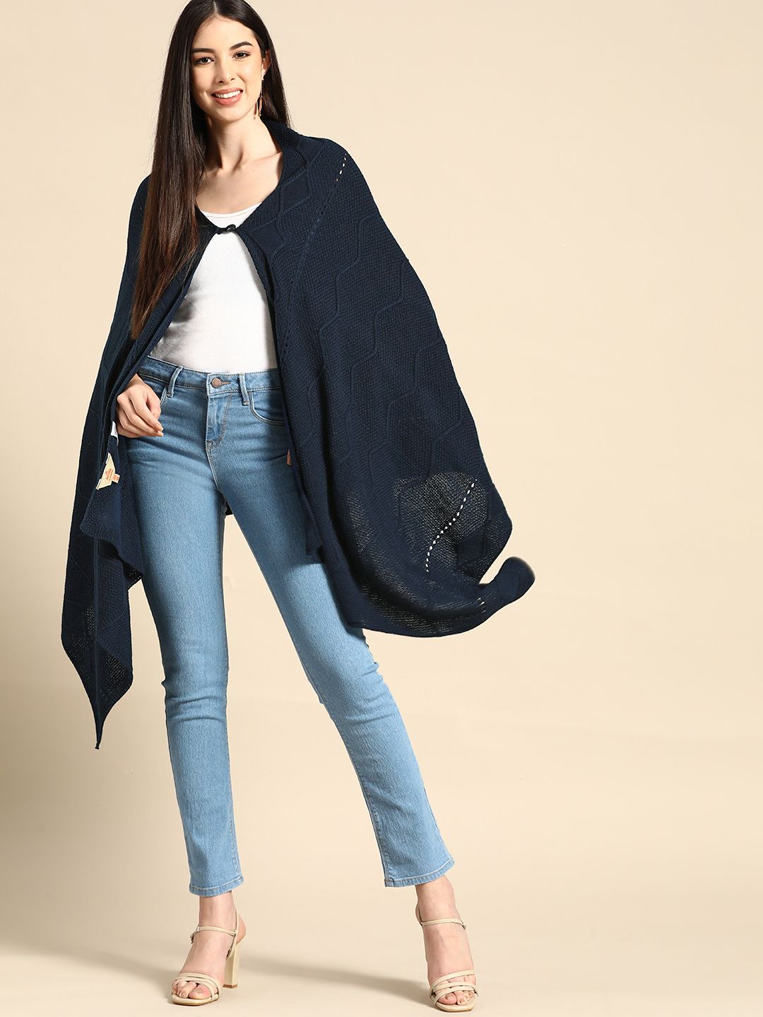 Anouk Women Navy Blue Acrylic Self-Design Cape Style Waterfall Front Winter Shrug Price in India