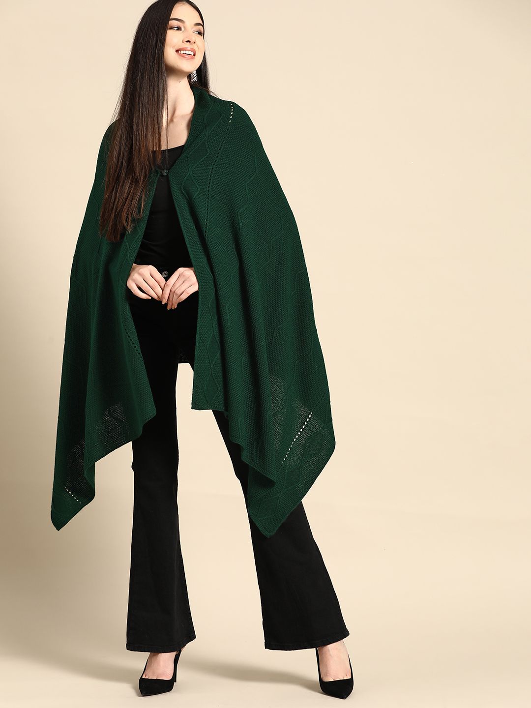 Anouk Women Green Acrylic Self-Design Cape Style Waterfall Front Winter Shrug Price in India