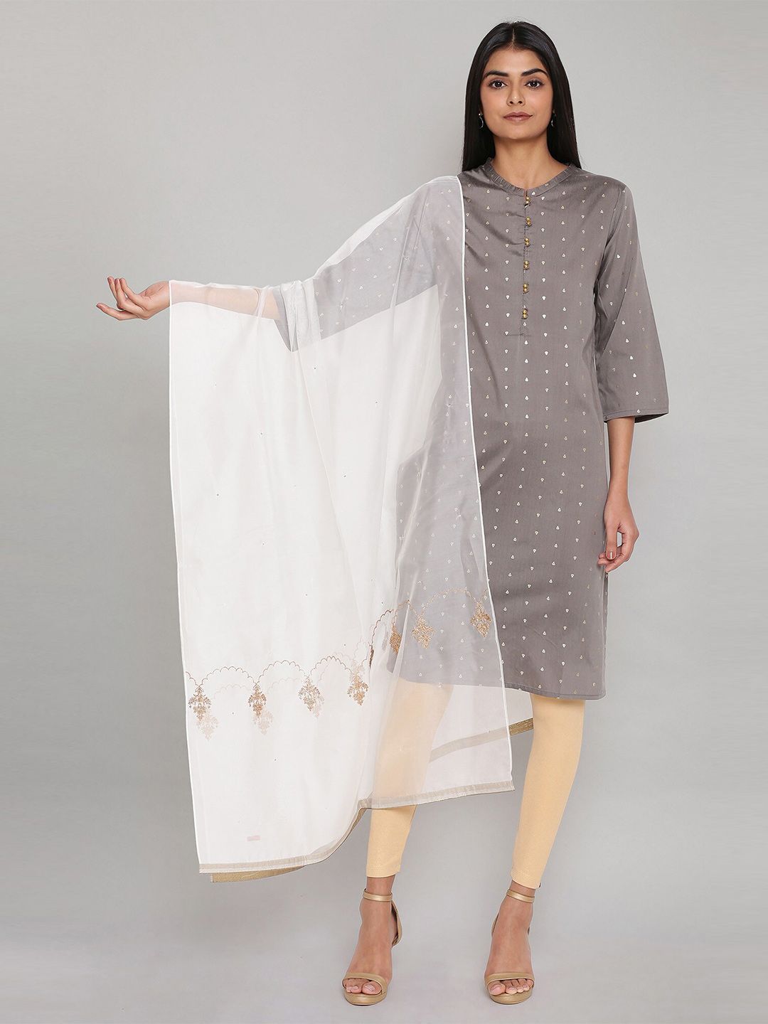 W White & Gold-Toned Ethnic Motifs Embroidered Dupatta