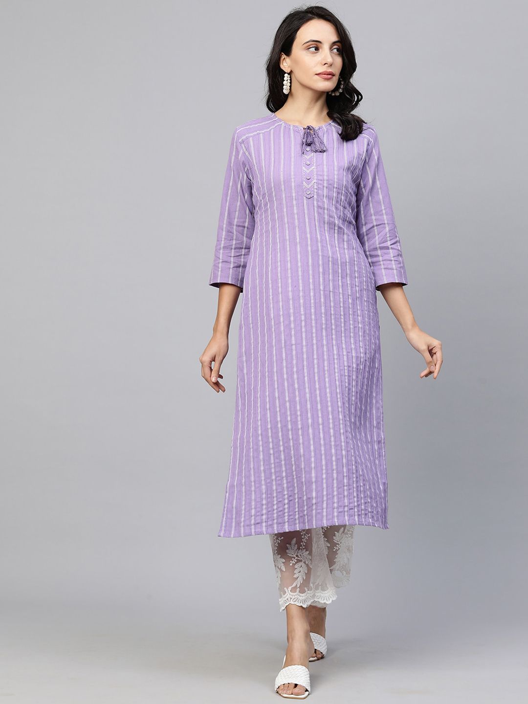 FASHOR Women Lavender Striped Keyhole Neck Thread Work Kurta Price in India