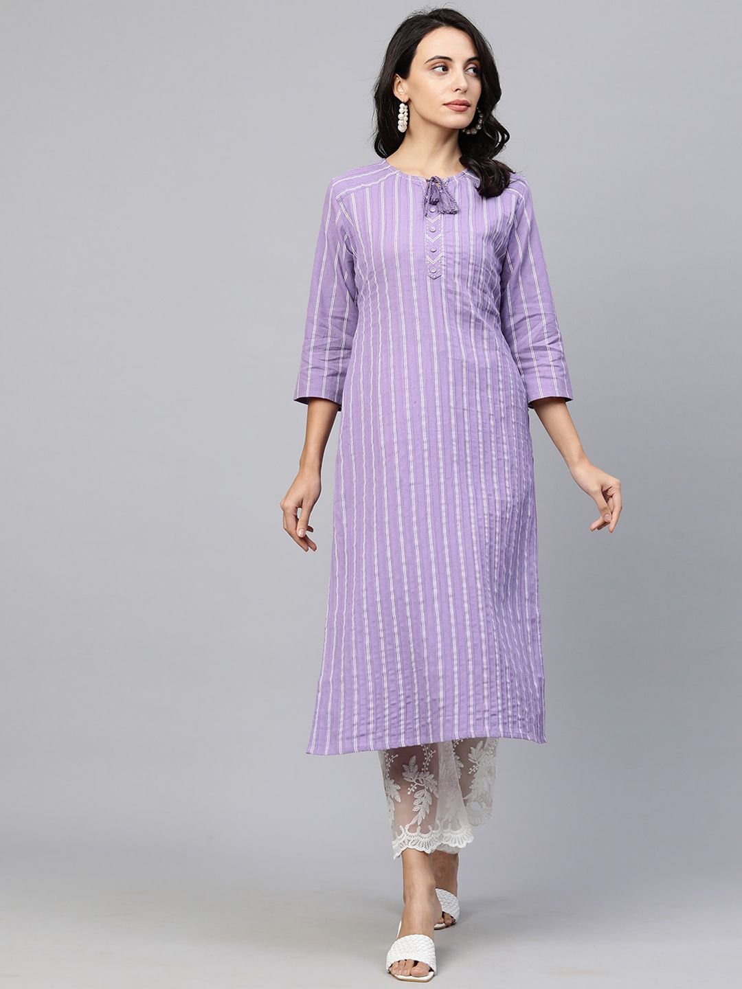 FASHOR Women Lavender Striped Keyhole Neck Thread Work Kurta