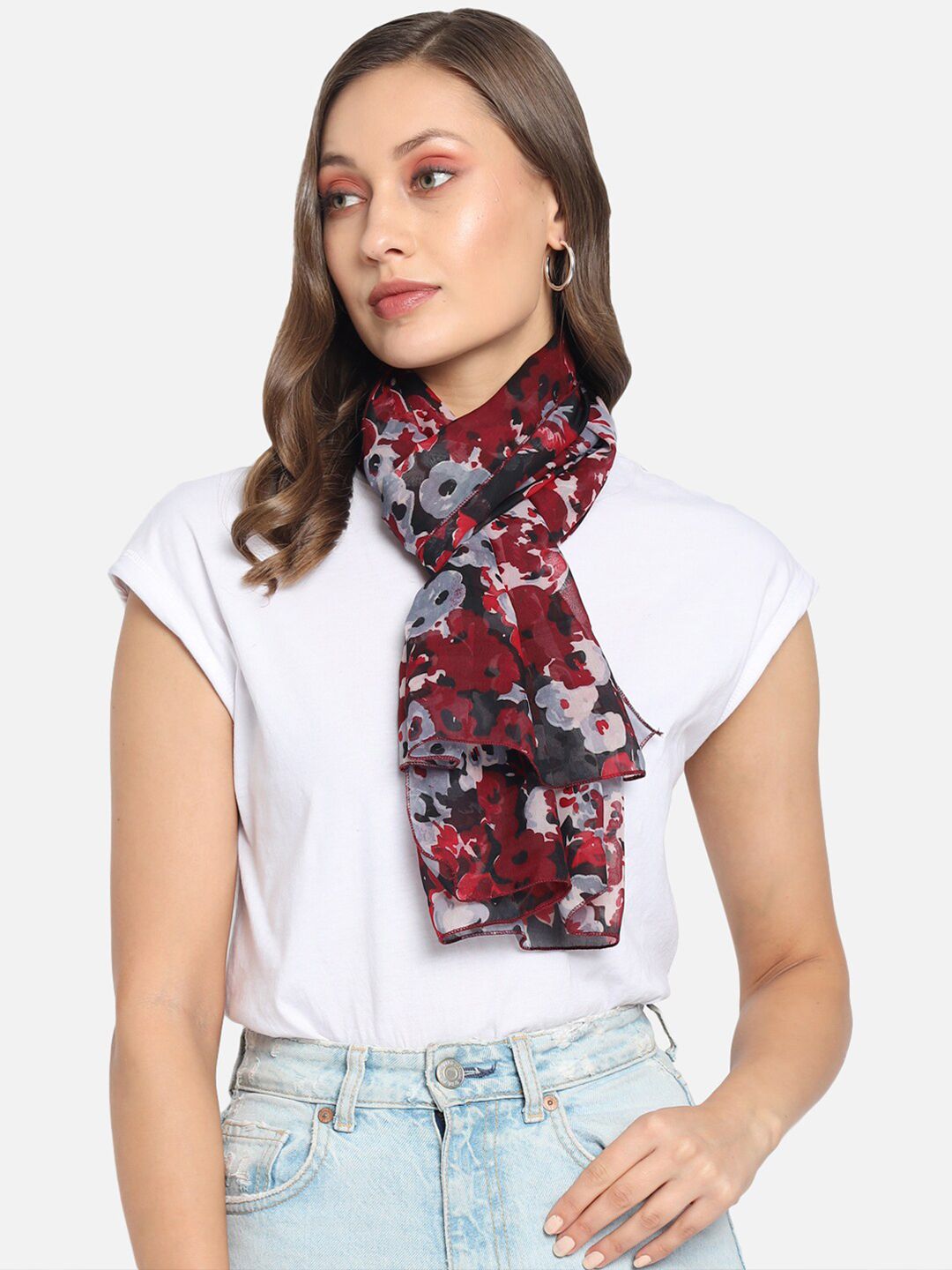 Trend Arrest Women Red & Black Floral Printed Scarf Price in India