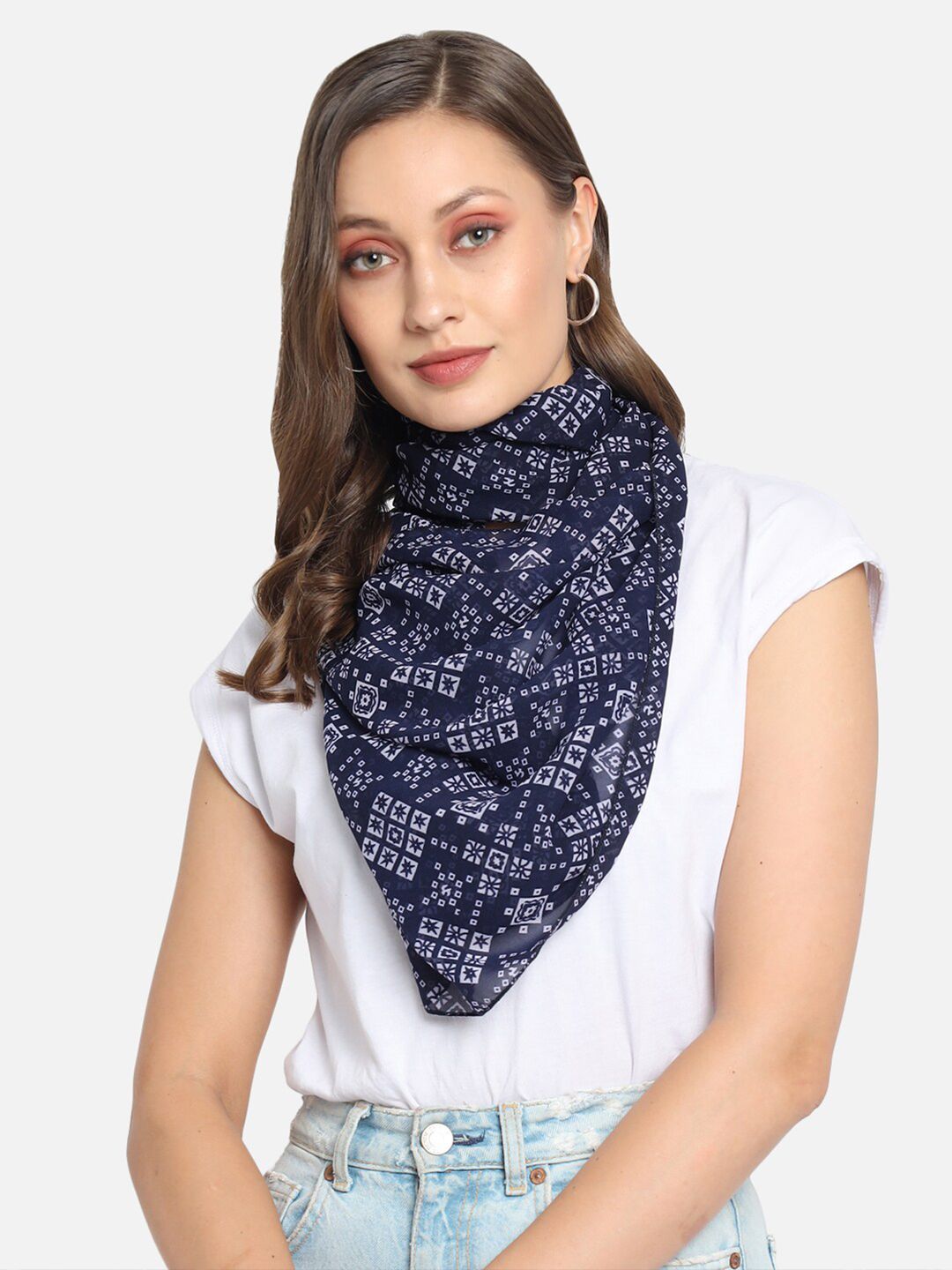 Trend Arrest Women Navy Blue & White Printed Scarf Price in India