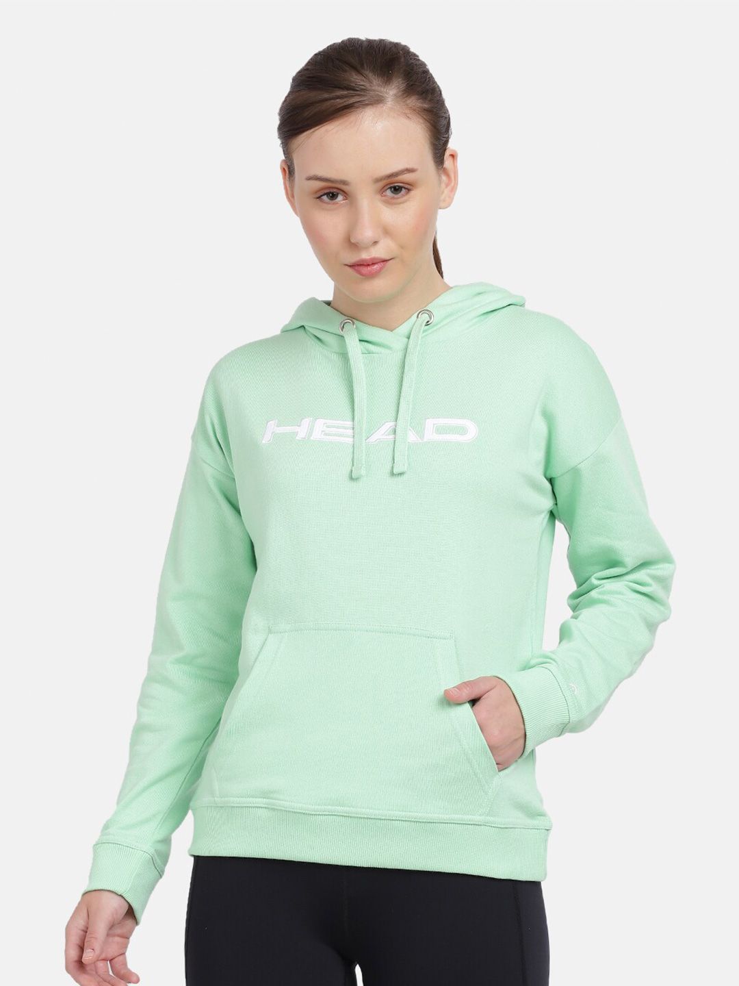 Head Women Sea Green Drawstring Hood Cotton Sweatshirt Price in India