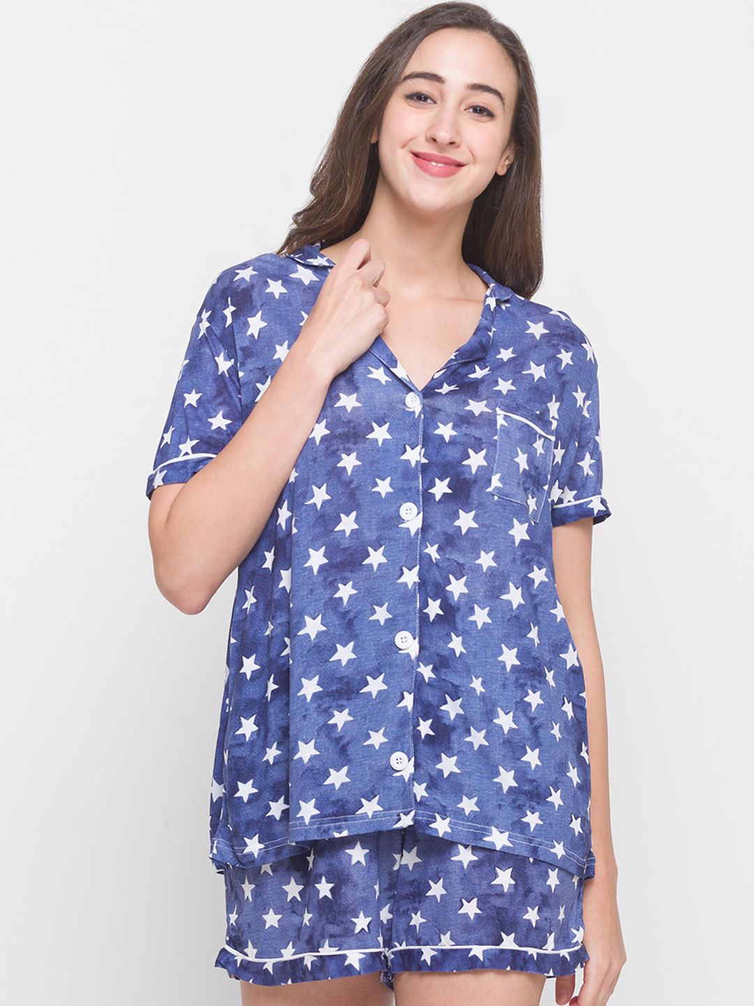 Nick&Jess Women Blue & White Printed Pure Cotton Night suit Price in India