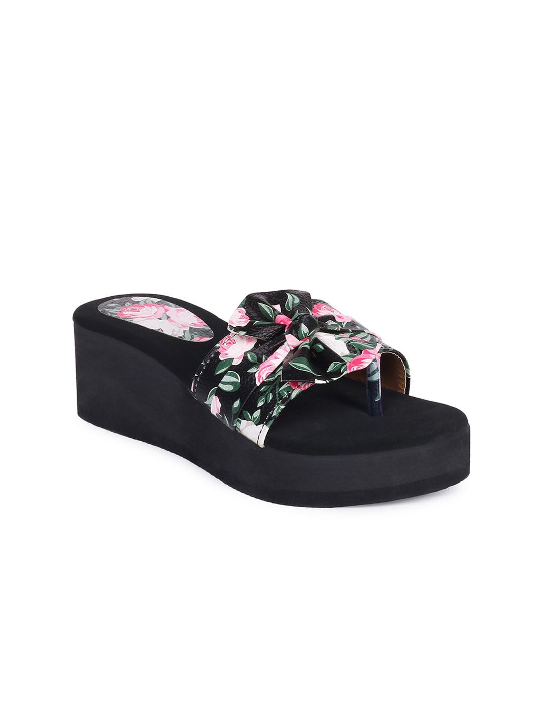 Picktoes Women Black & Pink Printed Flatform Heels with Bows Price in India