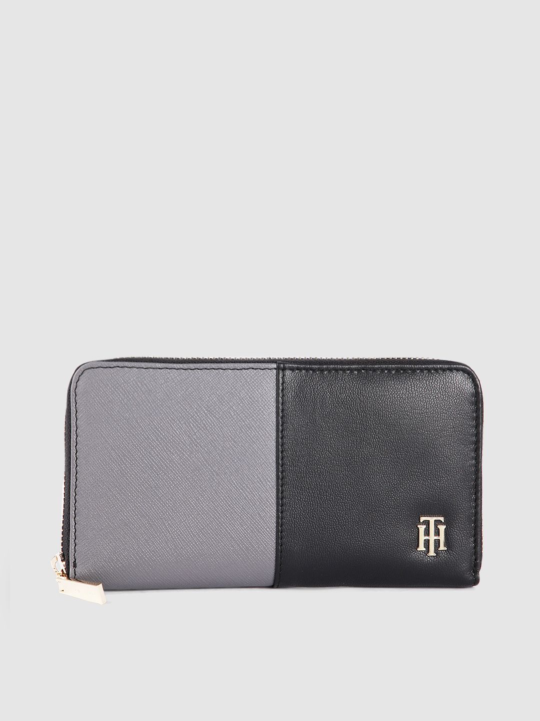 Tommy Hilfiger Women Grey & Black Colourblocked Leather Zip Around Wallet Price in India