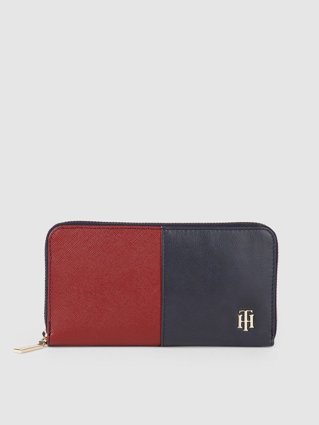 Tommy Hilfiger Women Red & Navy Blue Colourblocked Leather Zip Around Wallet Price in India