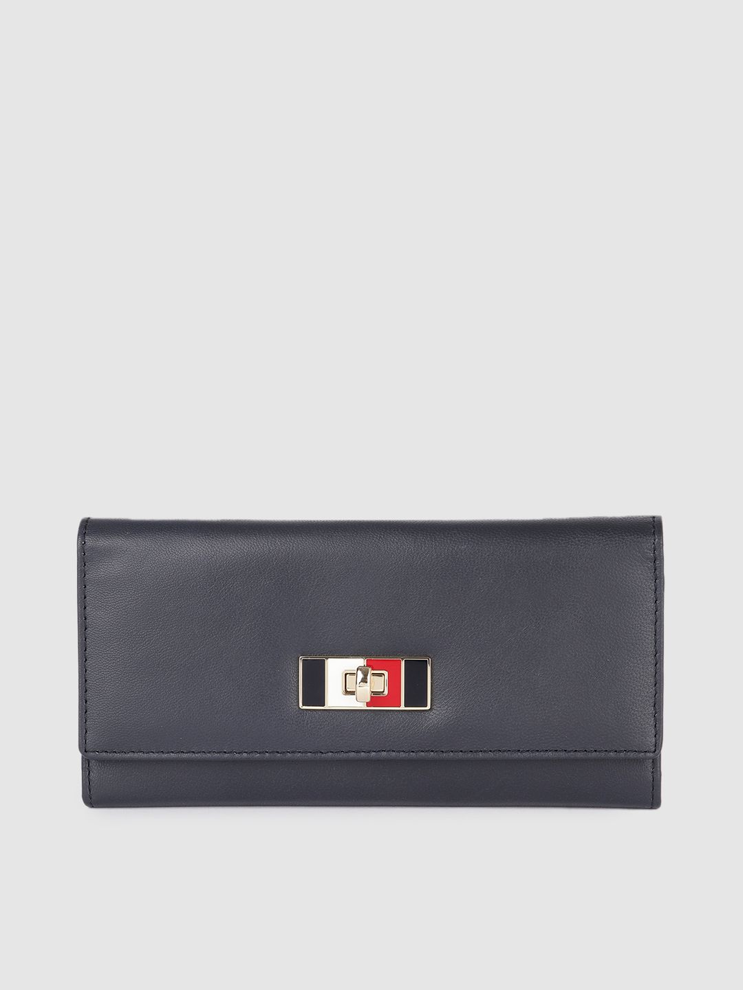 Tommy Hilfiger Women Navy Blue & Bronze-Toned Leather Three Fold Wallet Price in India