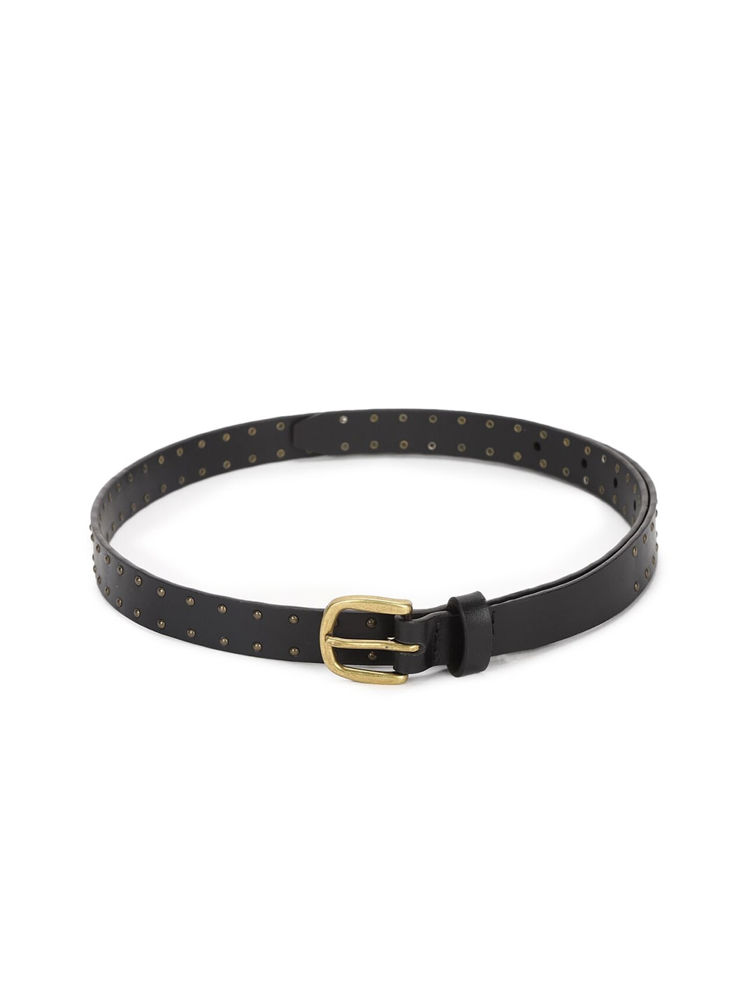AMERICAN EAGLE OUTFITTERS Women Black & Gold-Toned Textured Leather Slim Belt Price in India