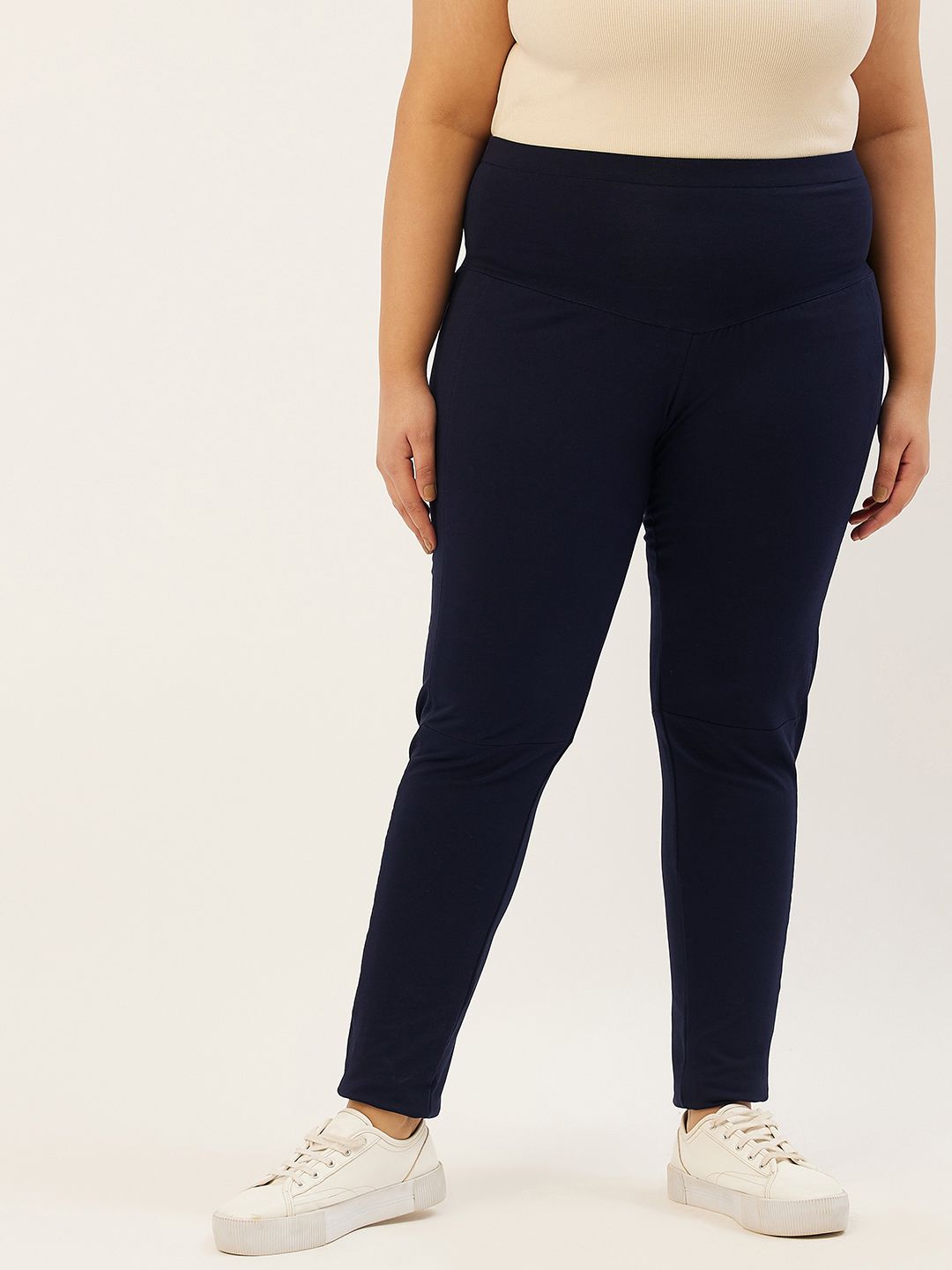 Revolution Women Navy Blue Solid Relaxed High-Rise Knitted Trousers Price in India