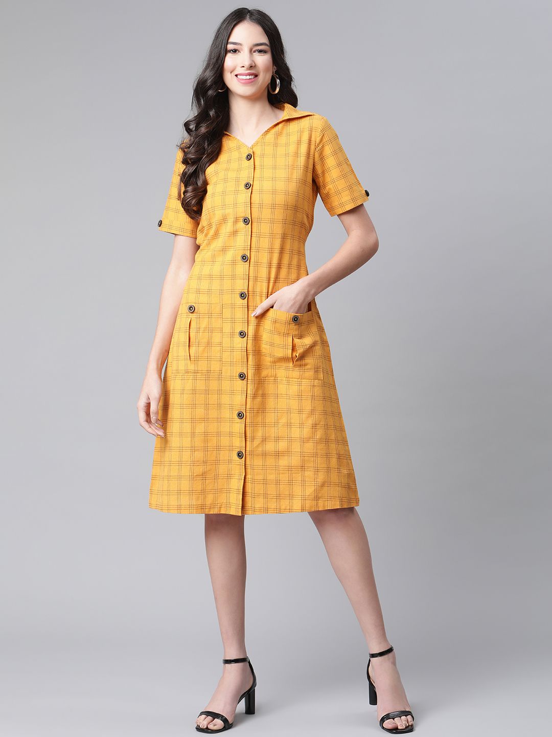 Cottinfab Women Mustard Yellow & Black Checked Shirt Dress Price in India