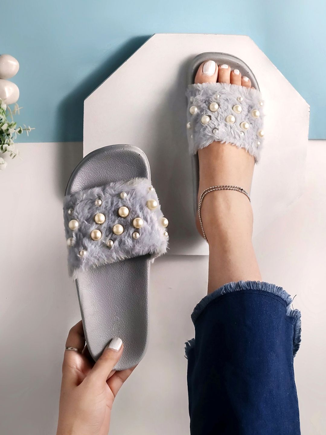 Brauch Women Grey & White Embellished Sliders