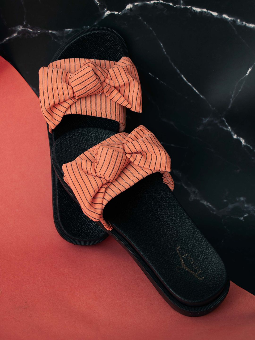 Brauch Women Peach-Coloured & Black Striped Sliders Price in India