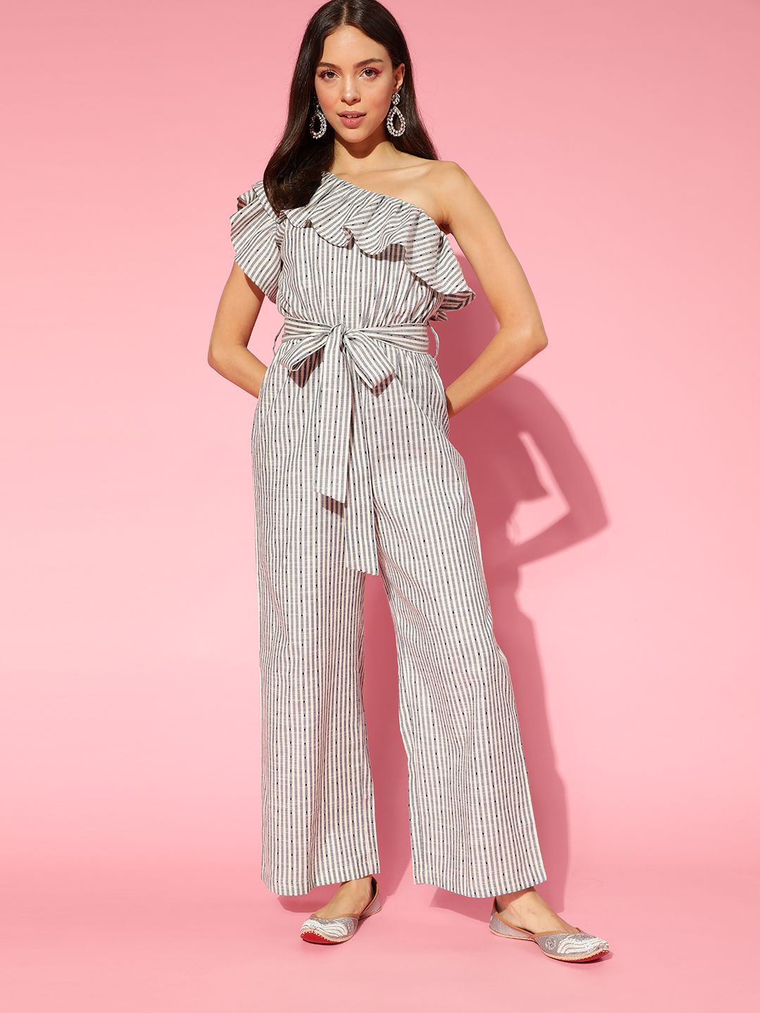 AHIKA Off White Striped Basic Jumpsuit with Ruffles Price in India