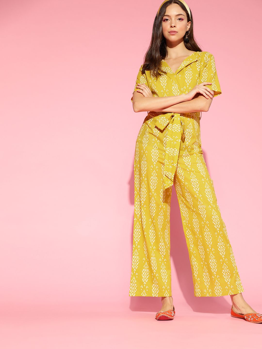 AHIKA Mustard Printed Basic Jumpsuit Price in India