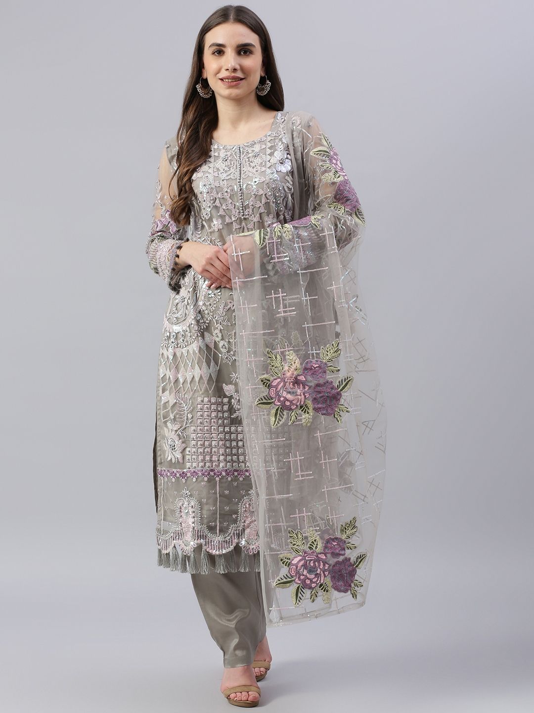 Readiprint Fashions Grey Embroidered Unstitched Dress Material Price in India