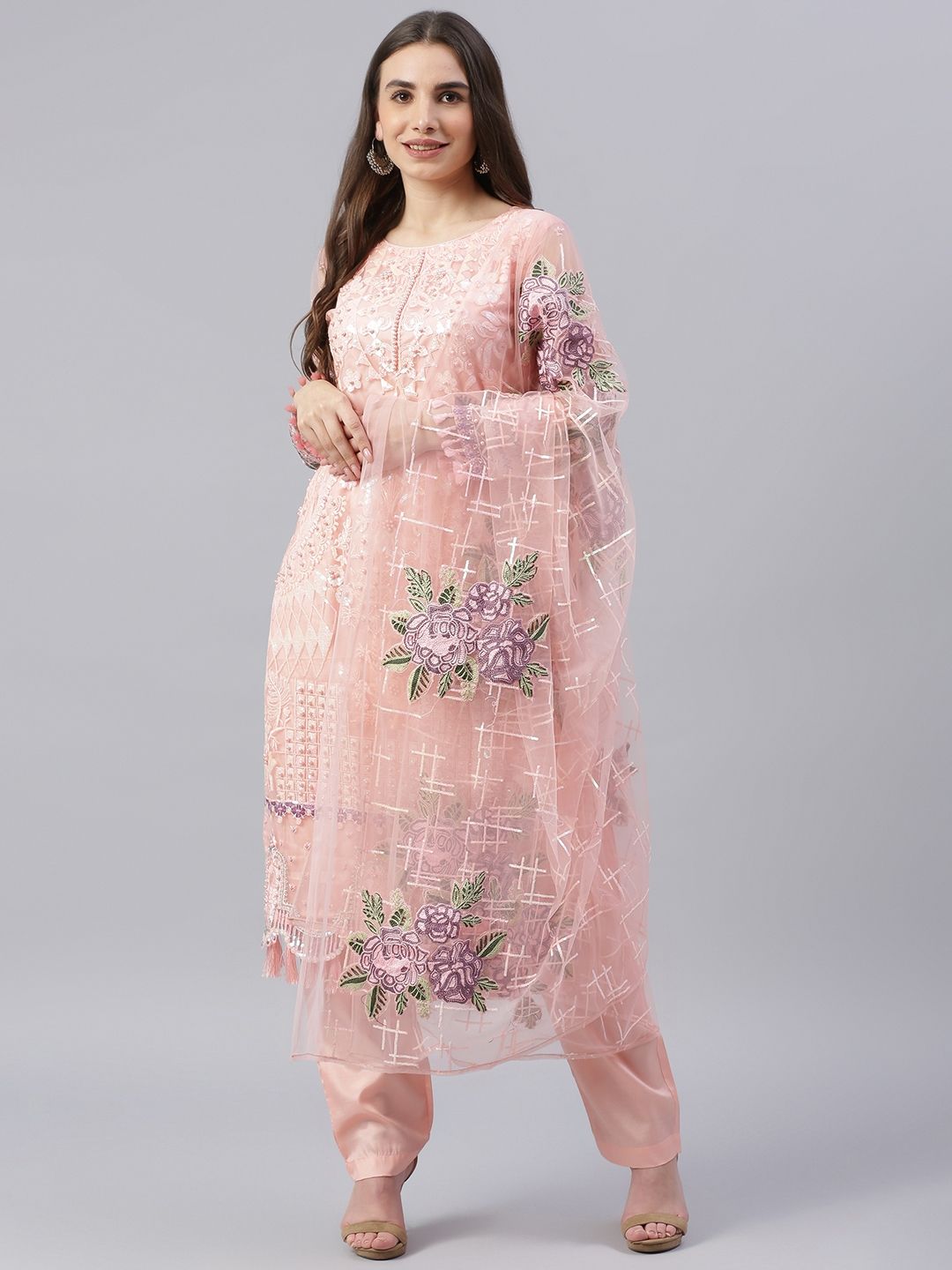 Readiprint Fashions Peach-Coloured Embroidered Unstitched Dress Material Price in India