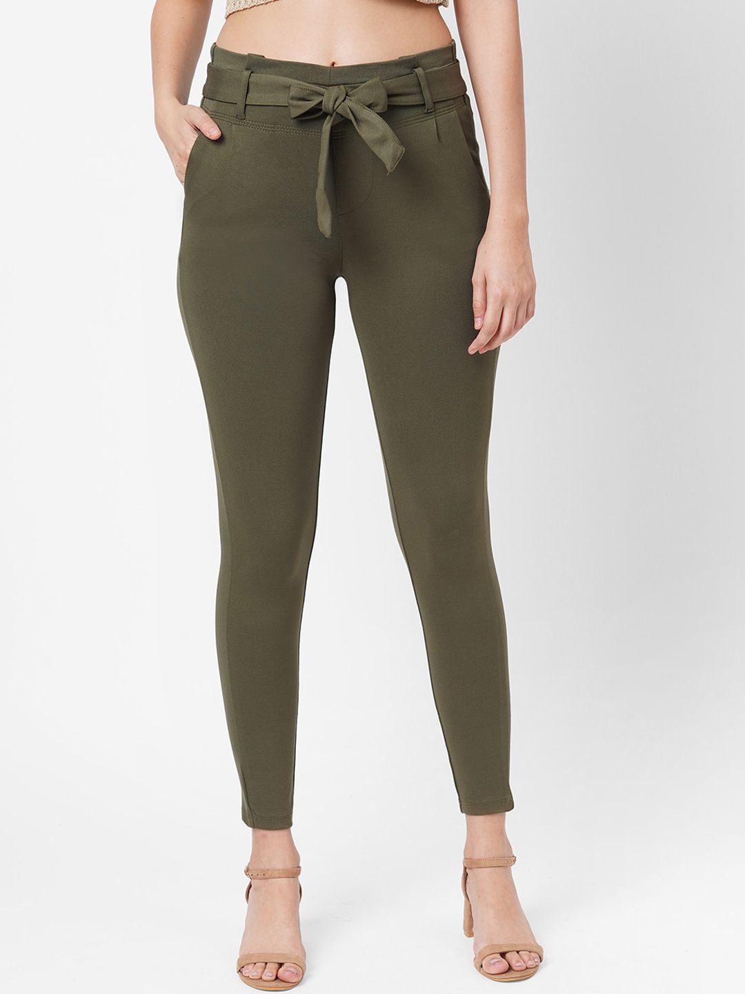 Kraus Jeans Women Olive Green Slim Fit High-Rise Trousers Price in India