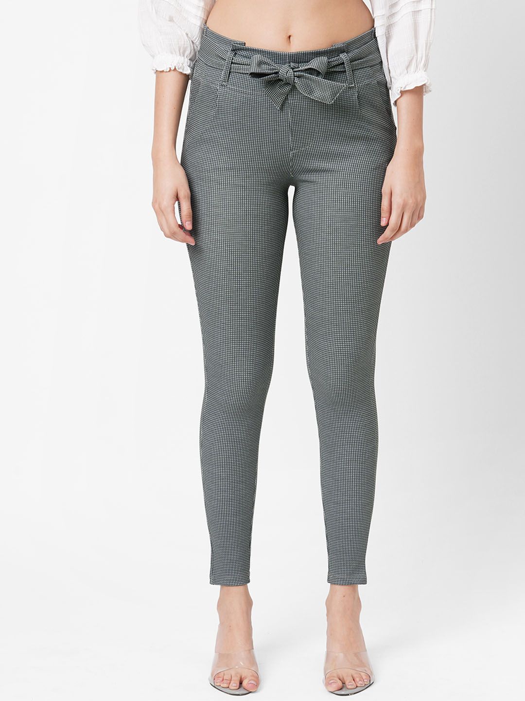 Kraus Jeans Women Grey Checked High-Rise Trousers Price in India