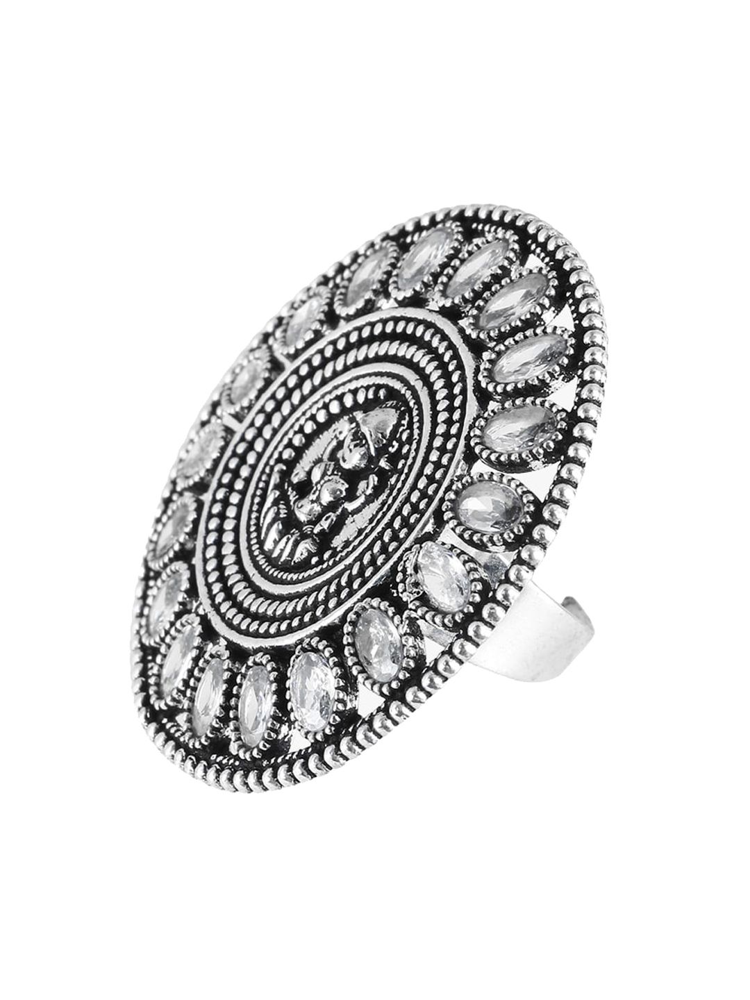 Adwitiya Collection Oxidized Silver-Plated & White Stone Studded Adjustable Finger Ring Price in India