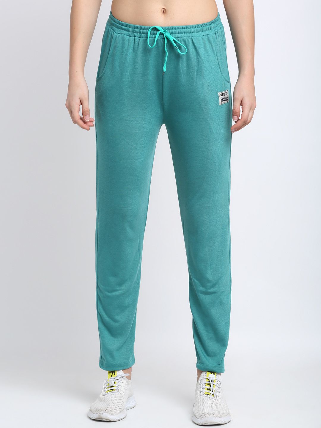 NEUDIS Women Teal Green Solid Cotton Track Pants Price in India