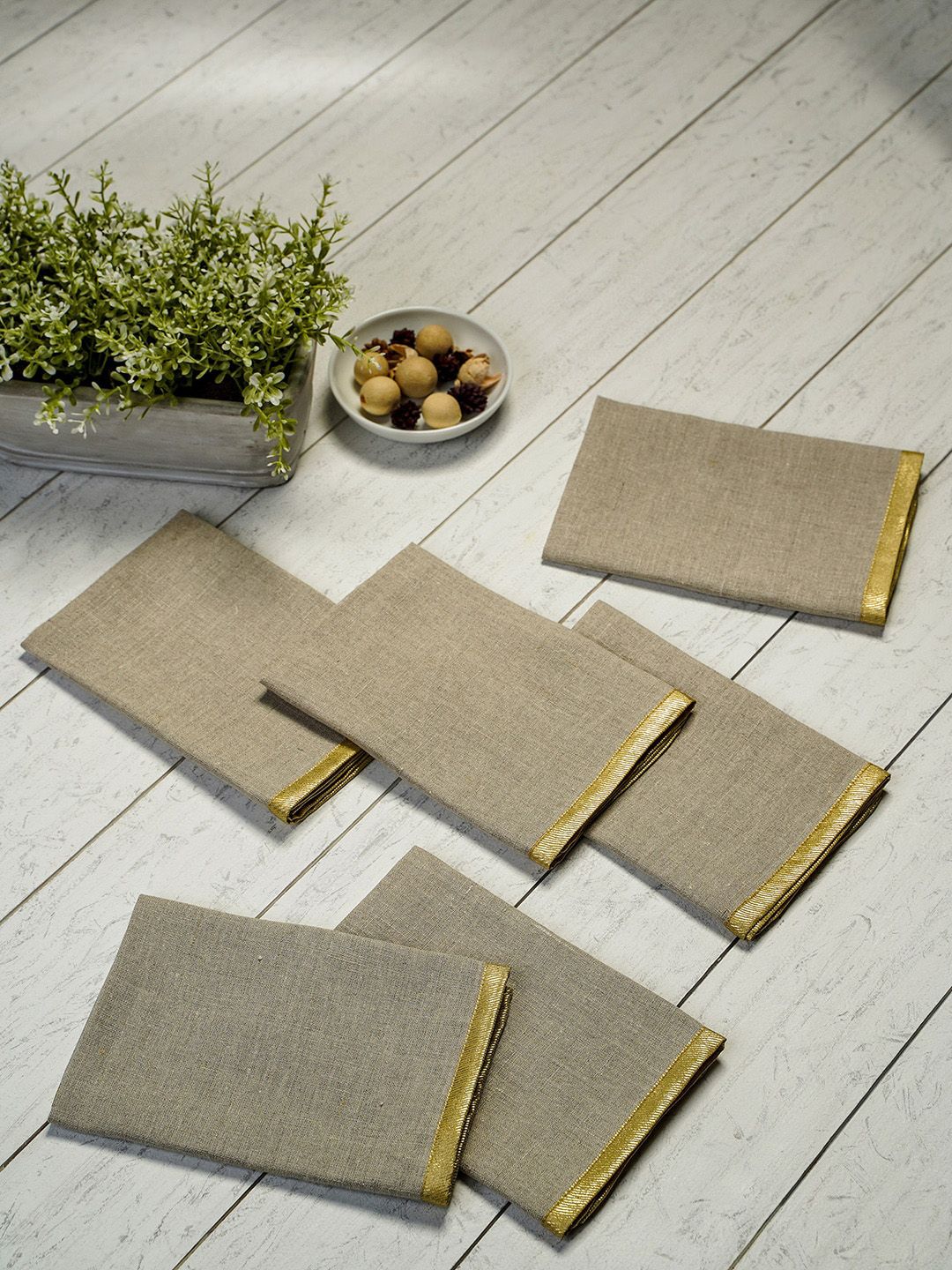 Pure Home and Living Set Of 6 Beige & Gold-Coloured Amora Linen Table Napkins Price in India