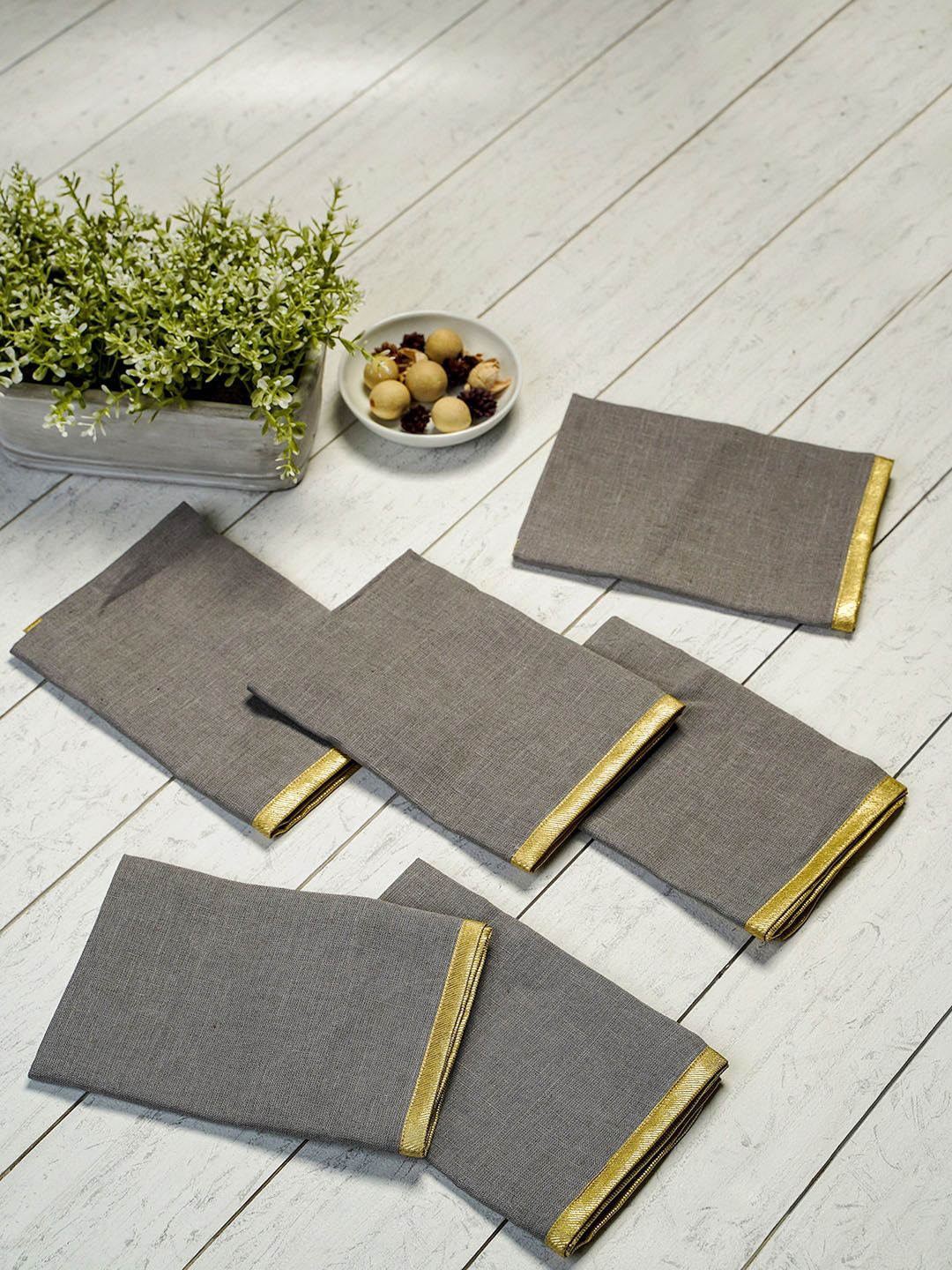 Pure Home and Living Set Of 6 Gold & Grey Solid Pablo Table Napkins Price in India