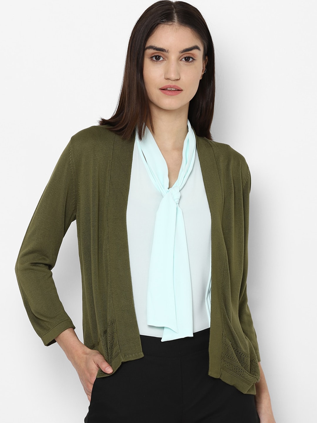 Allen Solly Woman Women Olive Green Geometric Open Front Jacket Price in India