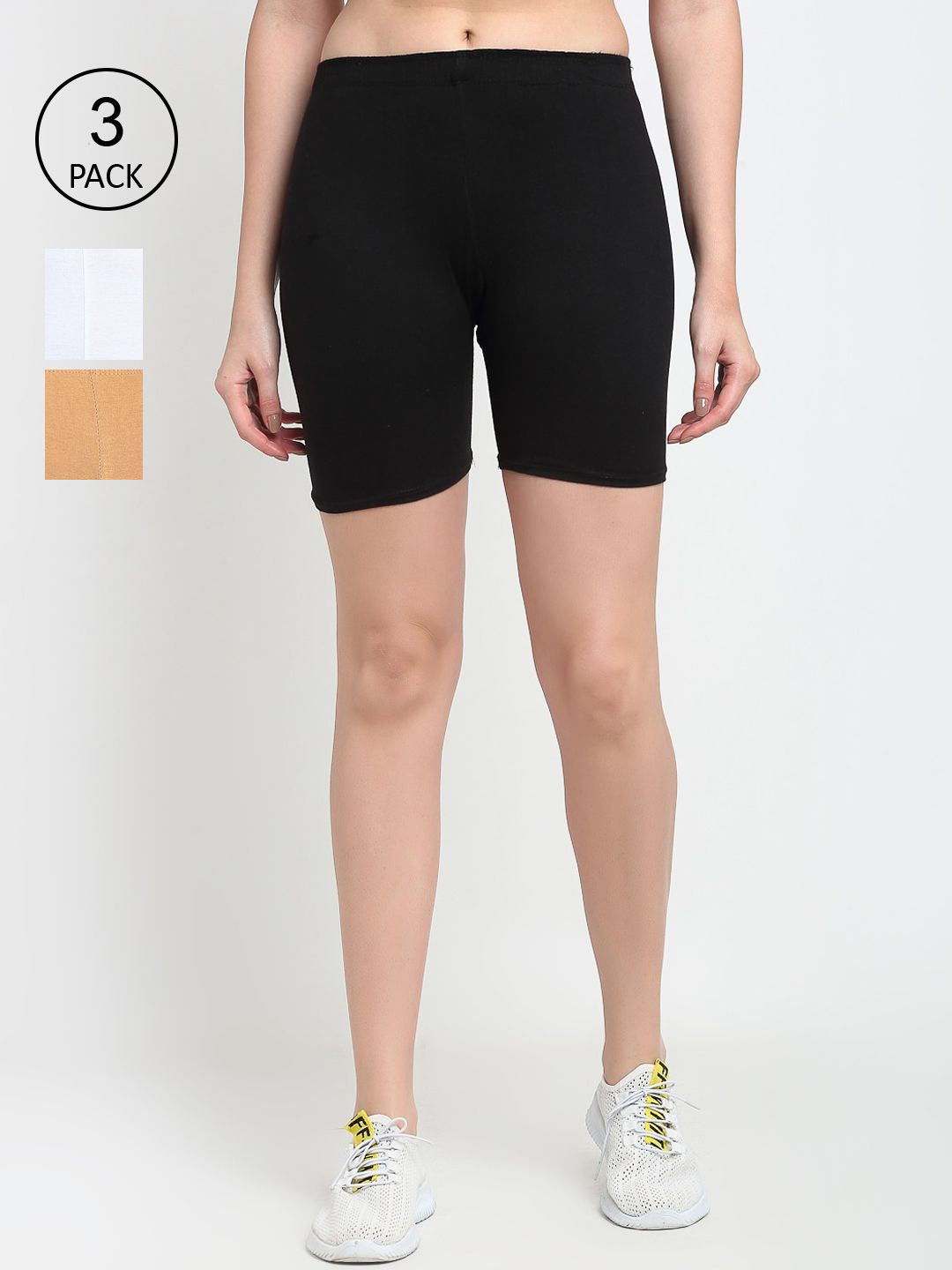 GRACIT Women Black White & Beige Set Of 3 Biker Shorts Price in India