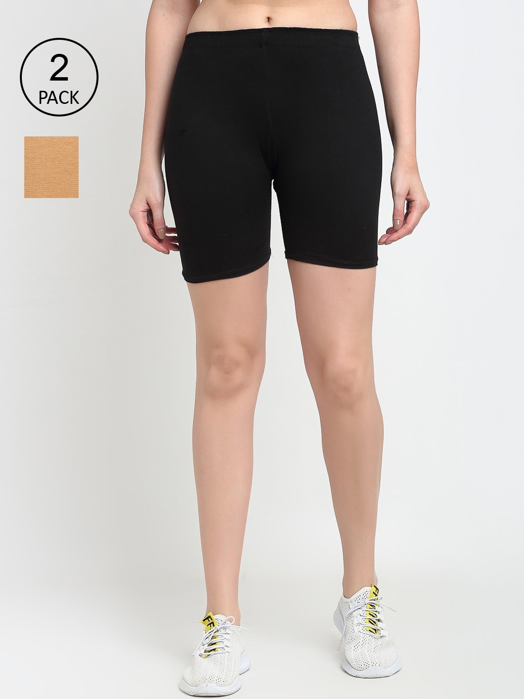 GRACIT Women Black & Beige Set Of 2 Biker Shorts Price in India