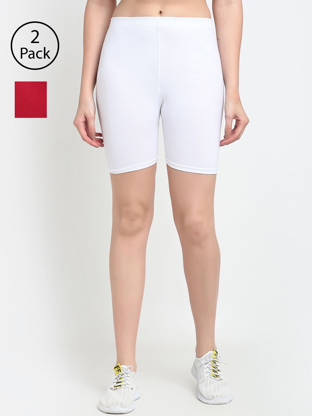 GRACIT Women White & Red Set Of 2 Solid Biker Shorts Price in India