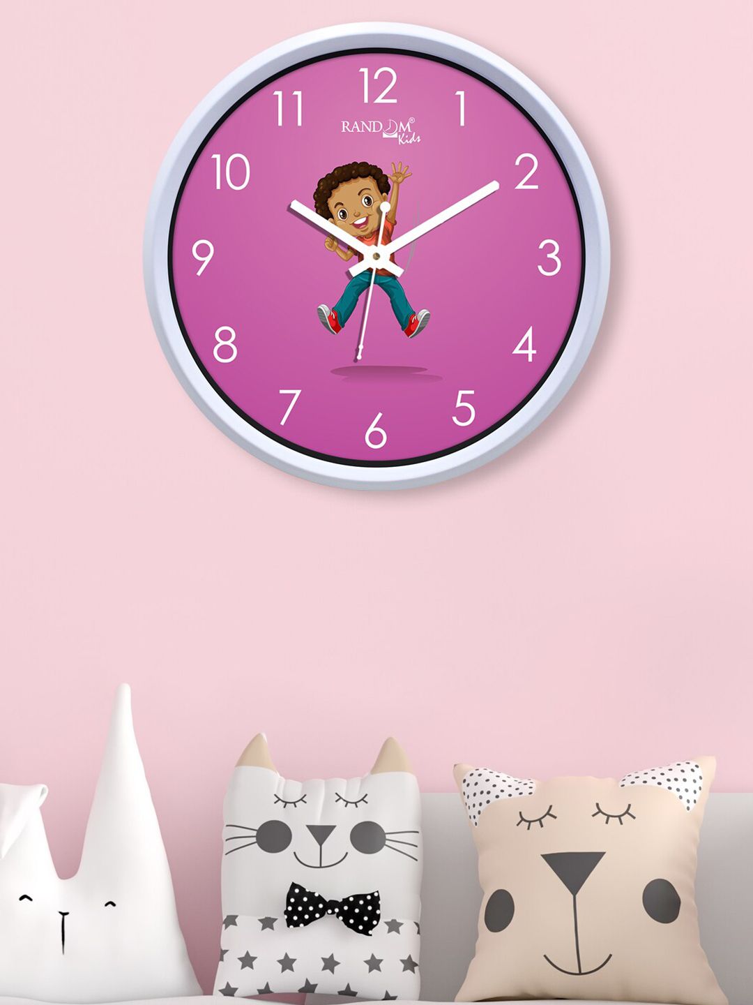 RANDOM White & Pink Jumping Kid Printed Contemporary Analogue Wall Clock Price in India