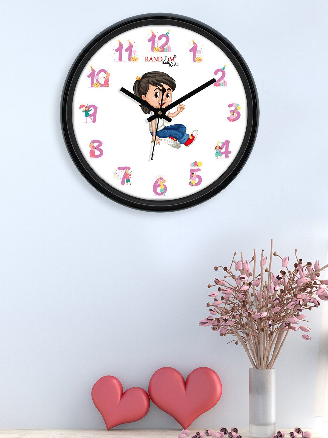 RANDOM White & Pink Smiling Kid Printed Contemporary Round Analogue Wall Clock Price in India