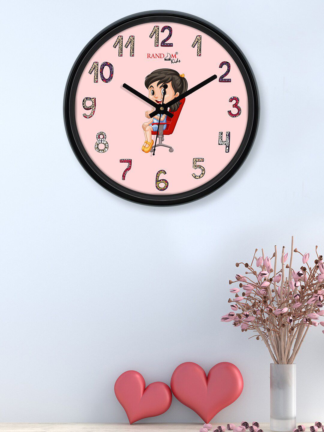 RANDOM Black & Pink Sitting Kid Printed Contemporary Analogue Wall Clock Price in India