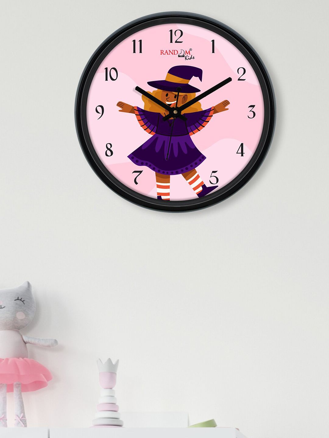 RANDOM Pink & Black Magical Girl Printed Contemporary Round Analogue Wall Clock Price in India