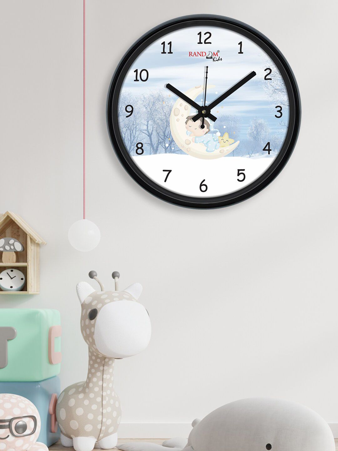 RANDOM Blue & Black Sleeping Kid On Moon Printed Contemporary Wall Clock Price in India