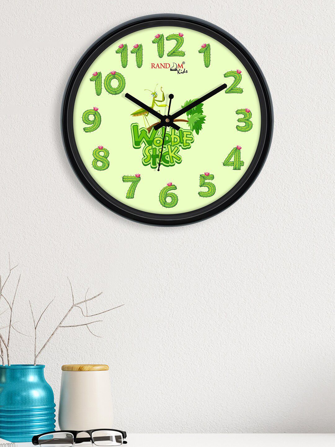 RANDOM Black & Green Wobble Stick Printed Contemporary Analogue Wall Clock Price in India