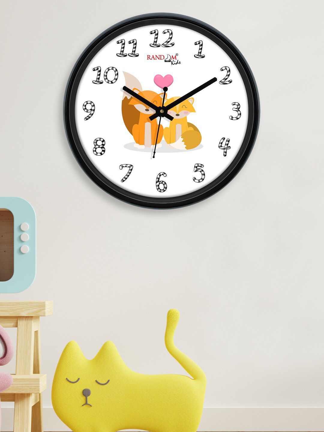 RANDOM White & Yellow Loving Wolf Printed Contemporary Round Analogue Wall Clock Price in India